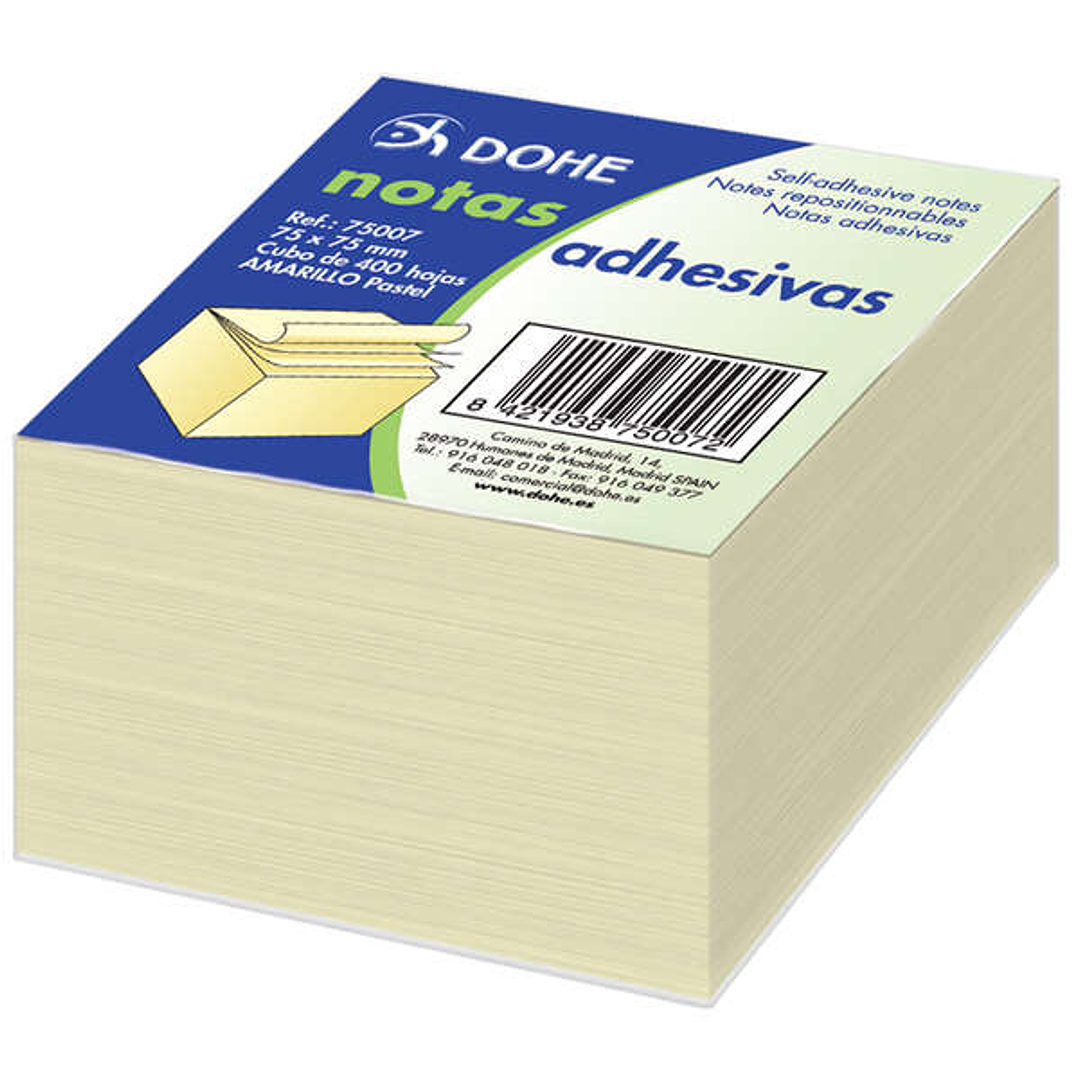 Dohe Cubo de 400 Notas Reposicionables - Tamaño 75x75mm - Papel de 75gr - Ideal para Oficina y Escuela - Color Amarillo Claro 1