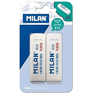 Milan Nata 612 Pack de 2 Gomas de Borrar Biseladas - Plastico - Suave - No Abrasiva - Color Blanco