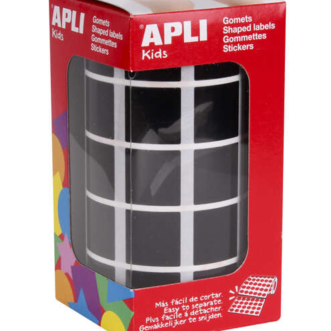 Apli Gomets Cuadrados Negros 20x20mm - 59 Hojas Pretroqueladas - 1770 Gomets por Rollo - Ideal para Desarrollar Habilidades y Capacidades en Niños - C 1
