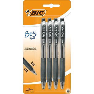 Bic Bu3 Pack de 4 Boligrafos Retractiles - Punta Media de 1mm - Trazo 0.32mm - Grip de Goma - Escritura mas Fluida - Color Negro