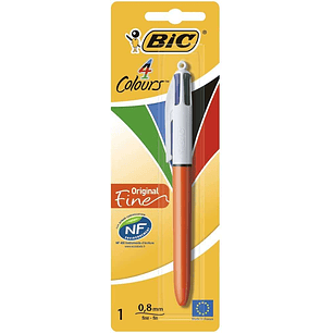 Bic 4 Colours Original Fine Boligrafo de Bola Retractil - Punta Fina de 0.8mm - Tinta con Base de Aceite - Cuerpo Rojo/Blanco - 4 Colores