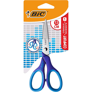Bic Comfort Tijera Escolar de Acero Inoxidable 13cm - Mango Suave - Uso Diestro - Colores Surtidos Aleatorio