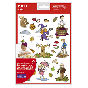 Apli Bolsa de Gomets Tematicos el Otoño - 72 Gomets en 3 Hojas - Adhesivo Removible - Ilustraciones Educativas - Adhesivo Base Agua - Libre de Disolve