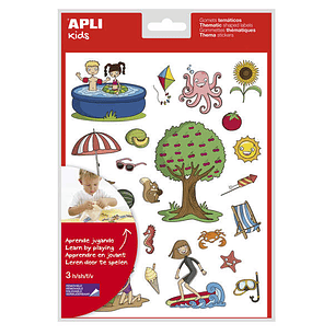 Apli Gomets Tematicos el Verano - 72 Gomets en 3 Hojas - Ilustraciones Educativas de Objetos y Animales Veraniegos - Adhesivo Removible - Adhesivo Bas
