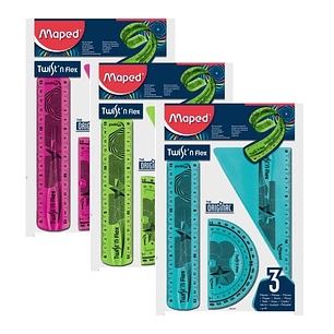 Maped Twist´n Flex Original Pack de Reglas Flexibles - Regla 15cm, Cartabon 60º/15cm, Transportador 180º/10cm - Colores Surtidos Aleatorios