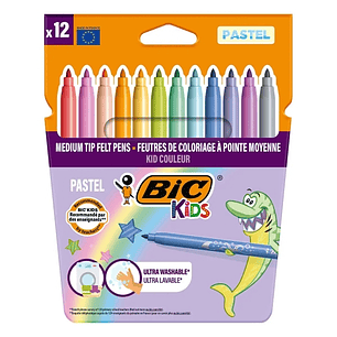 Bic Kids Couleur Pastel Pack de 12 Rotuladores - Punta Mediana - Lavable - Colores Pastel Surtidos