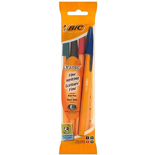 Bic Orange Original Fine Pack de 4 Boligrafos de Bola - Punta Redonda de 0.8mm - Trazo de 0.3mm - Tinta con Base de Aceite - Cuerpo Naranja - Colores 