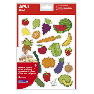 Apli Bolsa de Gomets Tematicos Frutas y Verduras - 69 Gomets - Adhesivo Removible - Ilustraciones Divertidas - Adhesivo Base Agua - Libre de Disolvent