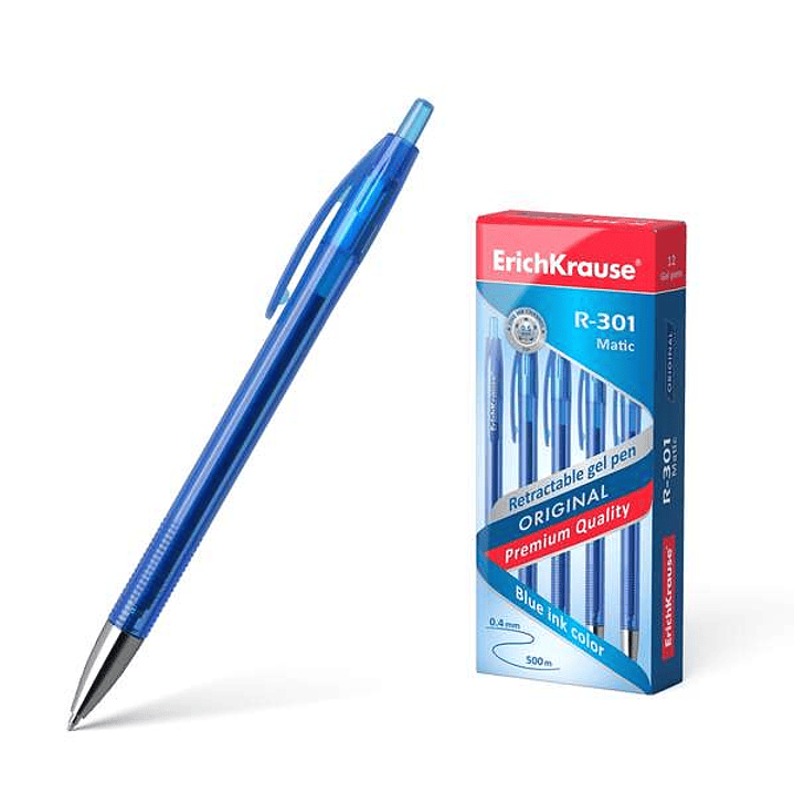 Erichkrause Boligrafo de Gel Automatico R-301 Original Gel Matic - Tinta de Gel de Secado Rapido - Cuerpo Transparente con Grip Perfilado - Color Azul 1