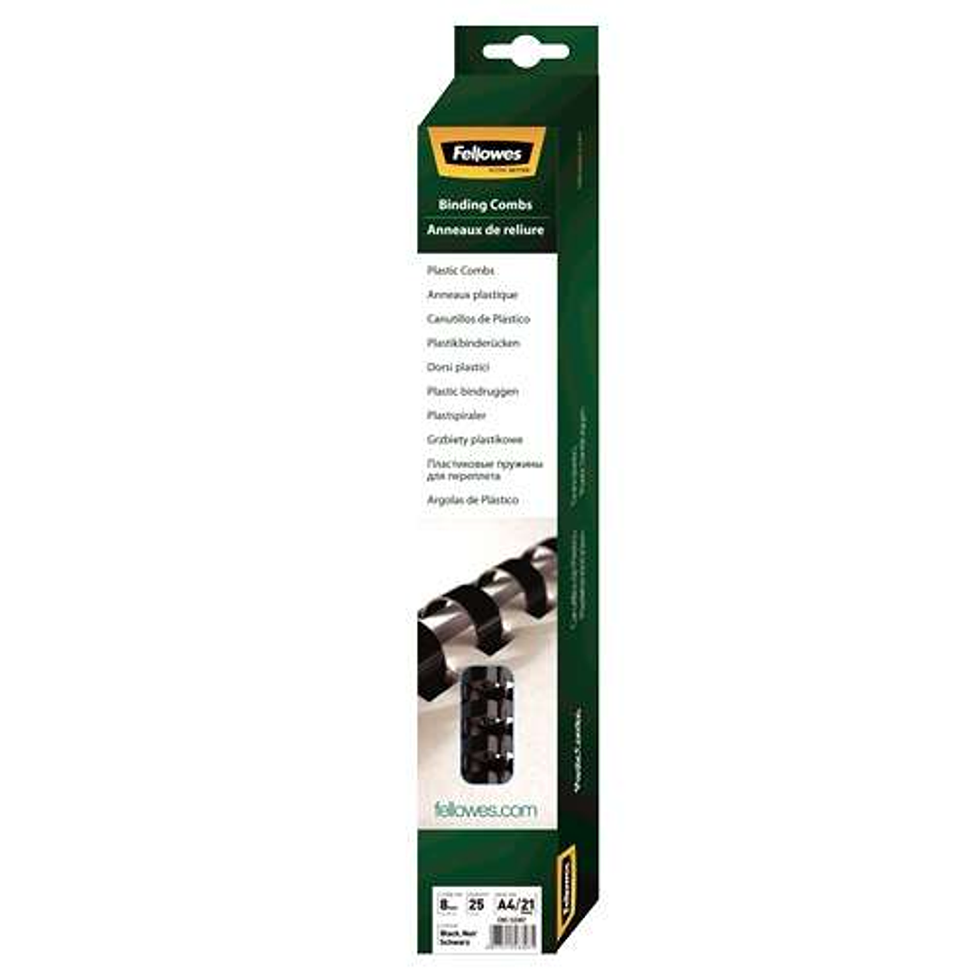 Fellowes Pack de 25 Canutillos de Plastico 8mm - Hasta 40 Hojas - Facil de Utilizar y Flexible - Alta Calidad - Color Negro 1