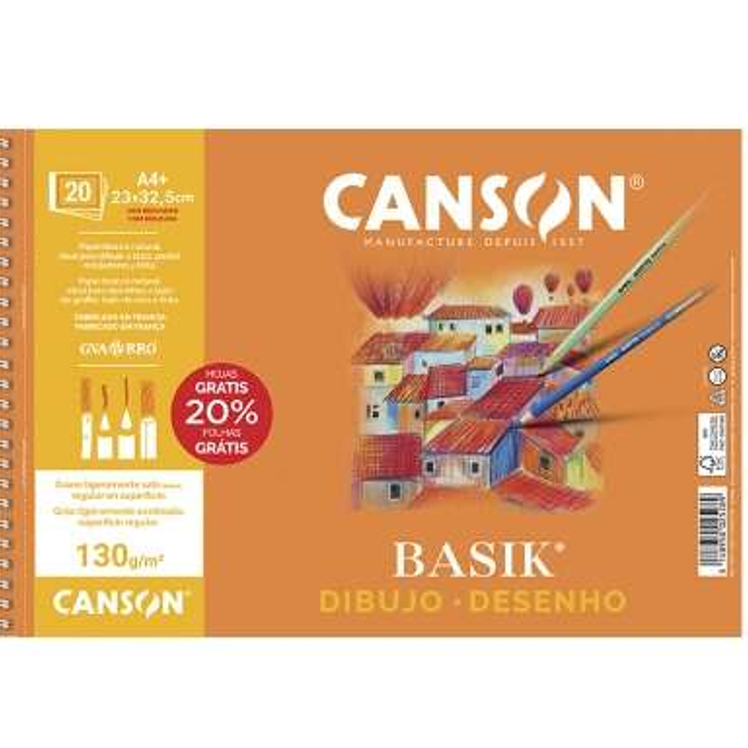 Canson Basik Bloc de Dibujo Espiral 20 Hojas A4+ 130g - Con Recuadro - Medidas 23x32.5cm - Color Blanco 1