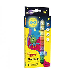 Jovi Pack con 10 Barras de Plastilina 15gr - 8 Colores Basicos + 2 Fluorescentes - Muy Moldeable - No se Seca - Colores Surtidos