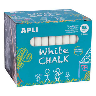 Apli Tizas Blancas Redondas - Pack de 100 Unidades Tamaño Ø 9 x 80mm - Ideales para Escribir, Dibujar y Colorear en Pizarras y Pavimentos - Aptas para