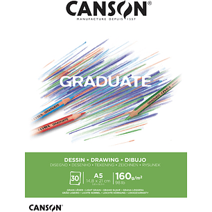 Canson Graduate Dibujo Bloc Encolado de 30 Hojas A5 - 160g - Grano Fino - Color Blanco Natural