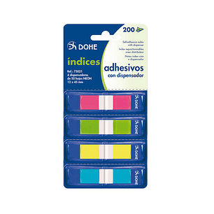 Dohe Pack de 4 Mini-Indices Adhesivos Reposicionables de 50uds cada Uno - Medidas 12x45mm - Dispensador con 4 Colores - Ideal para Oficina y Escuela -