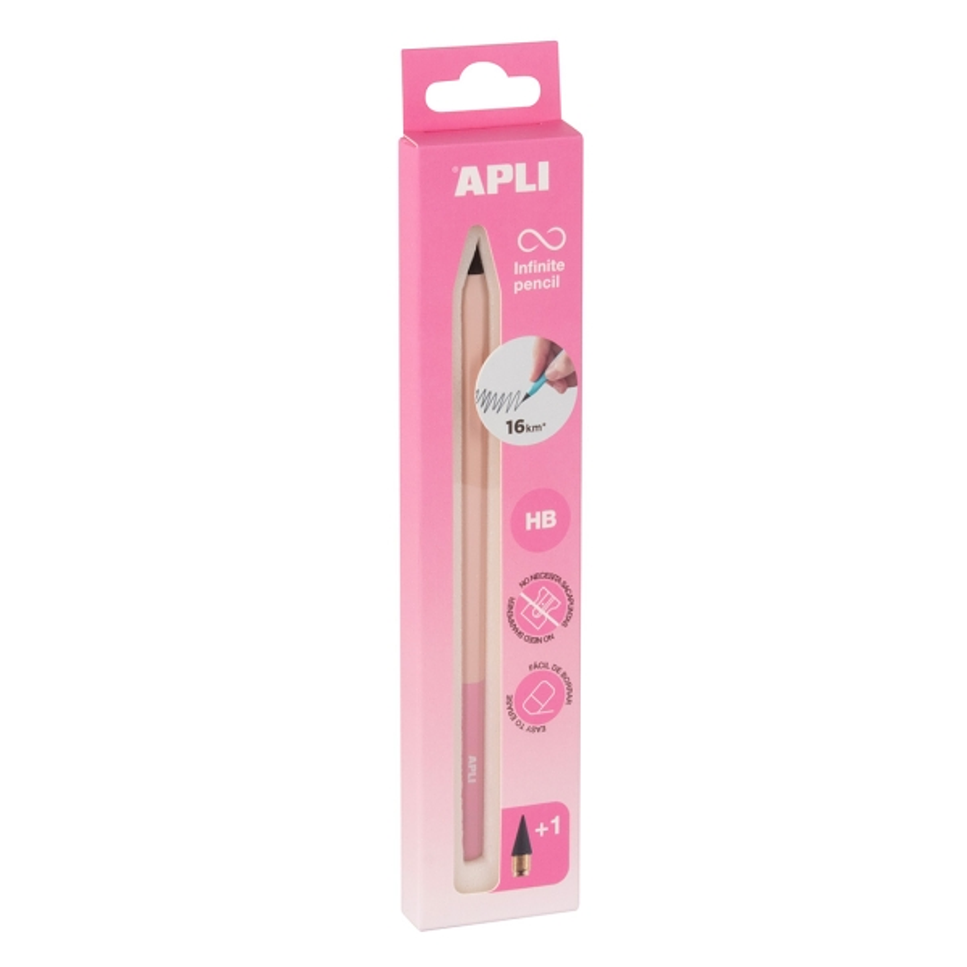 Apli Infinite Pencil Nordik Pack de Lapiz Infinito HB + Mina de Recambio + Tapon Protector - Para Escribir hasta 16km - Color Rosa 1