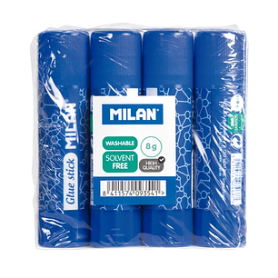 Milan Pack 4 Barras de Pegamento 8 g - Multiusos - Multisuperficies - Sin Disolventes - Uso Escolar - Color Azul