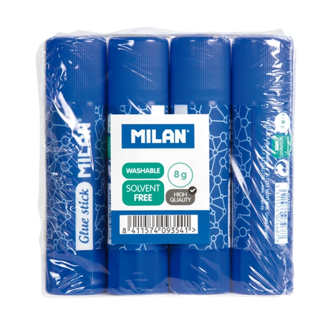 Milan Pack 4 Barras de Pegamento 8 g - Multiusos - Multisuperficies - Sin Disolventes - Uso Escolar - Color Azul 1