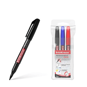 Erichkrause Pack de 3 Marcadores Permanente P-70 - Punta de Bala de 1.0mm - Resistente al Agua y a La Luz - Negro, Azul, Rojo (Pouch 3 Pcs.)