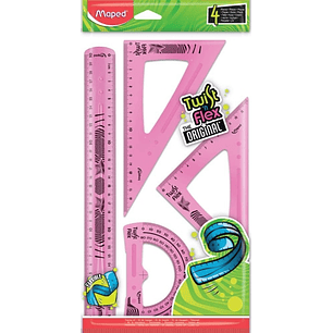 Maped Twist´n Flex Pack de Reglas Flexibles - Regla 30cm, Escuadra 45º/21cm, Cartabon 60º/21cm, Transportador 180º/12cm - Colores Surtidos Aleatorios