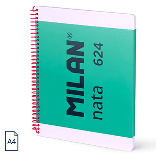 Milan Nata 624 Cuaderno Espiral Formato A4 Cuadricula 5x5mm - 80 Hojas de 95 gr/m2 - Microperforado, 4 Taladros - Color Verde