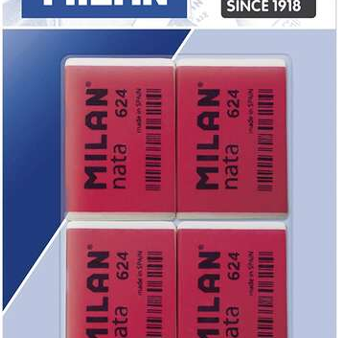 Milan Nata 624 Pack de 4 Gomas de Borrar Rectangulares - Plastico - Suave - No Abrasiva - Color Rojo/Blanco 1
