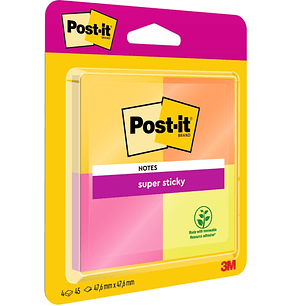 Post-It Super Sticky Pack de 4 Blocs de 45 Notas Adhesivas Reposicionables - 47.6x47.6mm - 100% PEFC - Colores Surtidos