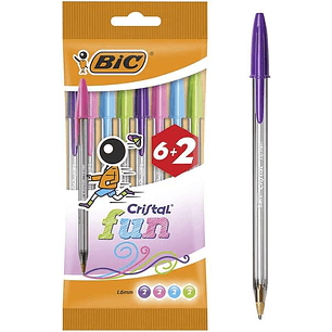 Bic Cristal Fun 6+2 Pack de 8 Boligrafos de Bola - Punta Redonda de 1.6mm - Trazo 0.42mm - Tinta con Base de Aceite - Colores Surtidos