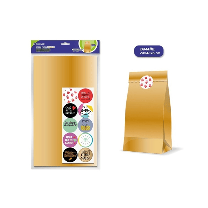 Bismark Pack de 10 Sobres Papel Kraft 50grs con 10 Pegatinas para Cierre - Medidas 19x36x6cm - Ideal para Regalos - Color Oro 1