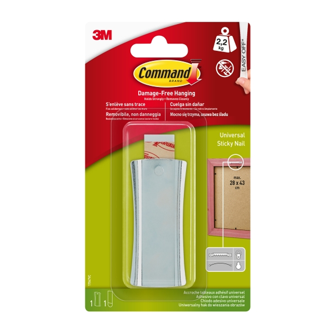Command Universal Soporte Adhesivo con Clavo para Colgar - 1 Tira Adhesiva - Soporta hasta 2.2kg - Color Gris Metalizado 1