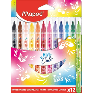Maped Jungle Mini Cute Pack de 12 Rotuladores con Punta Media Bloqueada 2.8mm - Tinta Lavable - Colores Surtidos