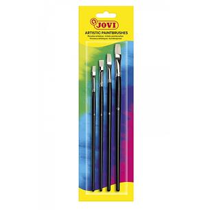 Jovi Artistic Paintbrushes Blister con 4 Pinceles Planos - Pelo Natural - Mango de Madera - Punta Plana - Pelo Duro - Color Negro
