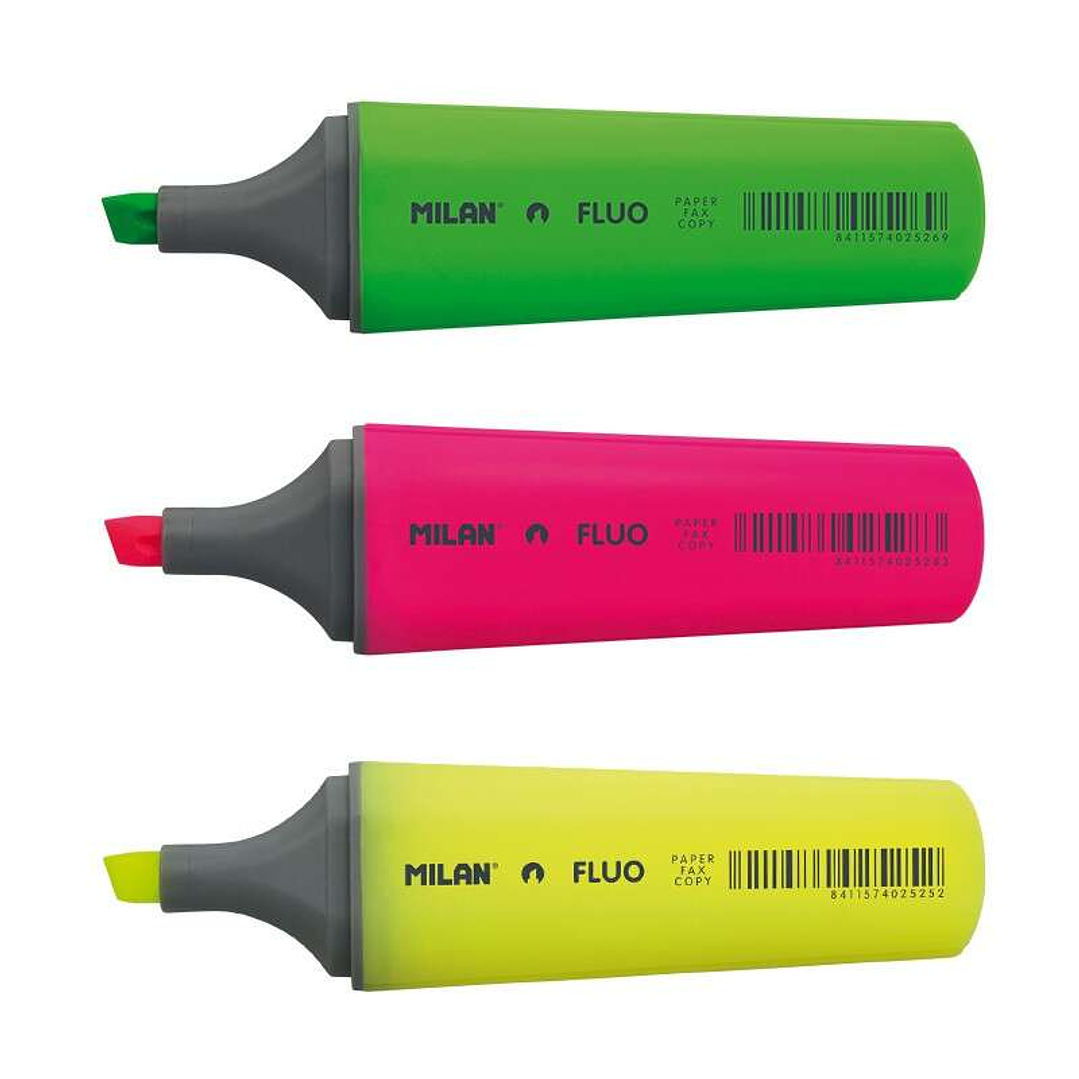 Milan Pack de 3 Rotuladores Marcadores Fluorescentes - Punta Biselada 1 - 4.8mm - Colores Surtidos 1