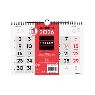 Finocam Calendario de Pared - Anual 2026 - 210x5x155mm - Numeros Grandes - Color Blanco y Rojo