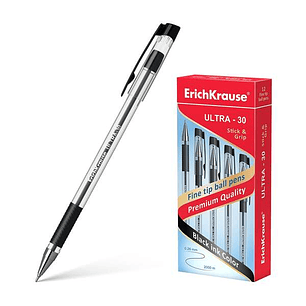 Erichkrause Boligrafo Ultra-30 - Recargable con Punta Fina Fine Tip - Cuerpo Transparente con Agarre de Goma - Tinta Color Negro - 2000m de Escritura 