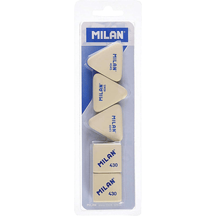 Milan Pack de 5 Gomas de Borrar, 3x Gomas 4045 Nata Triangulares + 2xGomas 430 Cuadradas - Miga de pan - Caucho Suave Sintetico - Color Blanco