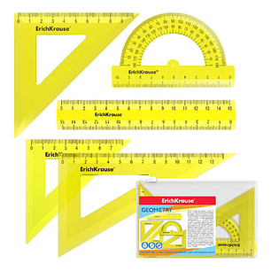 Erichkrause Pack de 5 Reglas de Dibujo - Regla de 15cm - Escuadra de 7cm/45º, 9cm/45º, 13cm/60º - Transportador de 180º/10cm - Color Amarillo