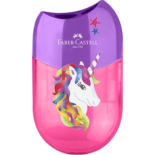 Faber-Castell Unicornio Sacapuntas de 2 Orificios con Deposito - Diseño Atractivo de Unicornio - Color Rosa/Violeta