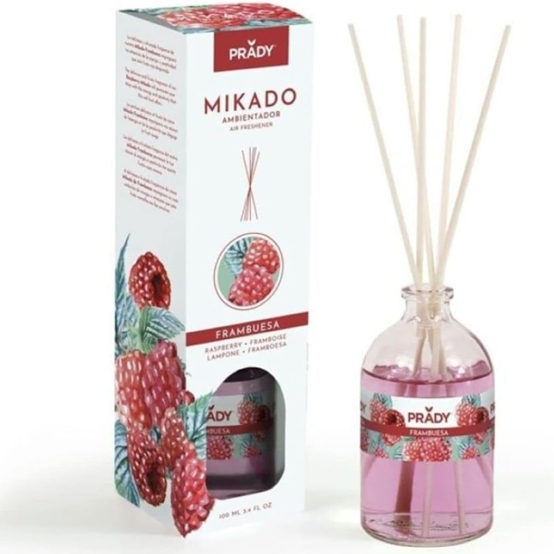 Prady Ambientador Mikado Frambuesa - Frasco de Cristal 100 ml y Varitas Difusoras 1