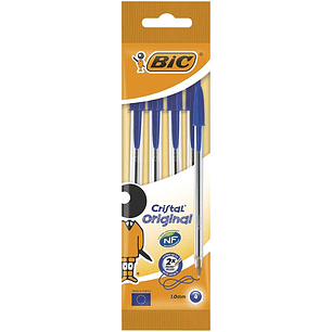 Bic Cristal Original Pack de 4 Boligrafos de Bola - Punta Redonda de 1.0mm - Trazo 0.4mm - Tinta con Base de Aceite - Color Azul