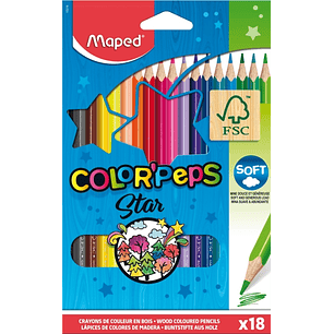 Maped Color´Peps Star Pack de 18 Lapices de Colores Triangulares - Mina Suave - Madera Certificada FSC - Colores Surtidos