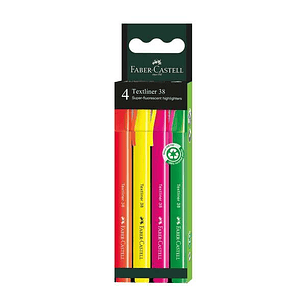 Faber-Castell Textliner 38 Pack de 4 Marcadores Fluorescentes - Cuerpo Fino - Punta Biselada - Trazo Grueso y Fino - Tinta con Base de Agua - Colores 