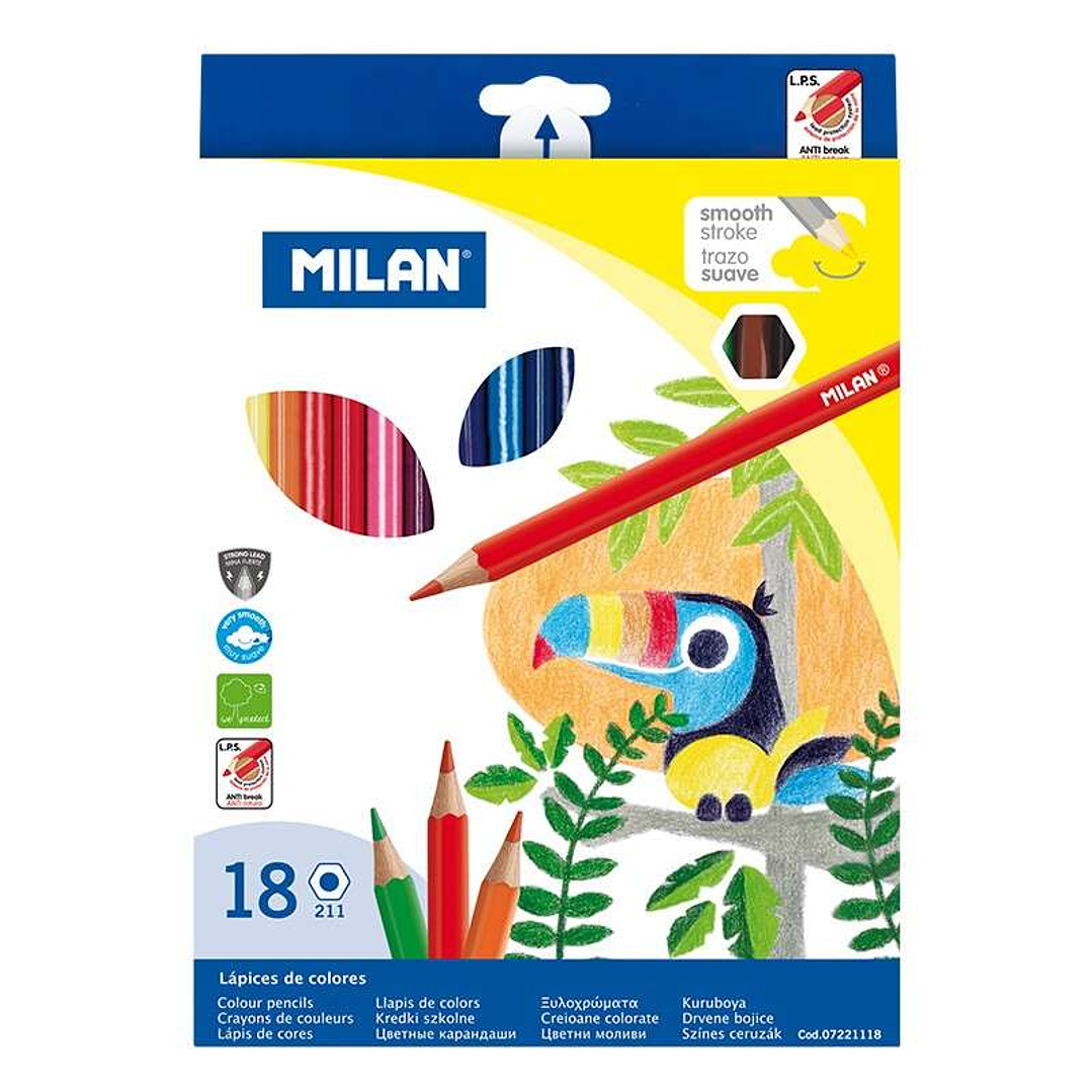 Milan Pack de 18 Lapices Hexagonales de Colores - Mina 2.9mm - Trazo Uniforme - Resistente a la Rotura - Colores Surtidos 1