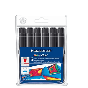 Staedtler Noris Jumbo 340 Pack de 6 Rotuladores Jumbo - Punta de Fibra - Trazo 3mm - Tapa Ventilada - Color Negro