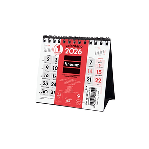 Finocam Calendario de Sobremesa - Anual 2026 - 110x40x140mm - Numeros Grandes - Color Blanco y Rojo