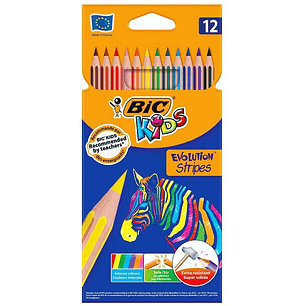 Bic Kids Evolution Stripes Caja de 12 Lapices de Colores Surtidos - Fabricados en Resina - Punta Ultraresistente - Mina Pigmentada de 3.20 mm - Nueva 