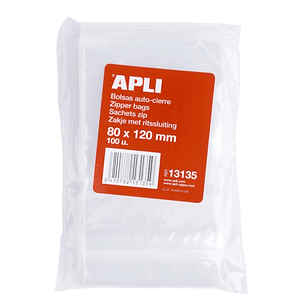 Apli Pack de 100 Bolsas Autocierre 80x120mm - Cierre Seguro - Aptas para Alimentos