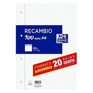 Oxford Recambio Formato A4 Cuadriculado 4x4mm 4 Taladros - 80 Hojas + 20 Gratis 90gr con Margen