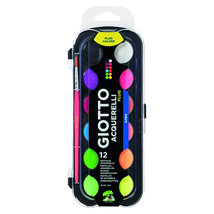 Giotto Fluo Pack de 12 Acuarelas - 1 Pincel Incluido - Diametro Pastilla 30mm - Colores Fluorescentes