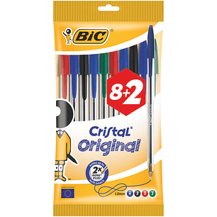 Bic Cristal Original Pack de 10 Boligrafos de Bola - Punta Redonda de 1.0mm - Trazo 0.4mm - Tinta con Base de Aceite - Colores Surtidos
